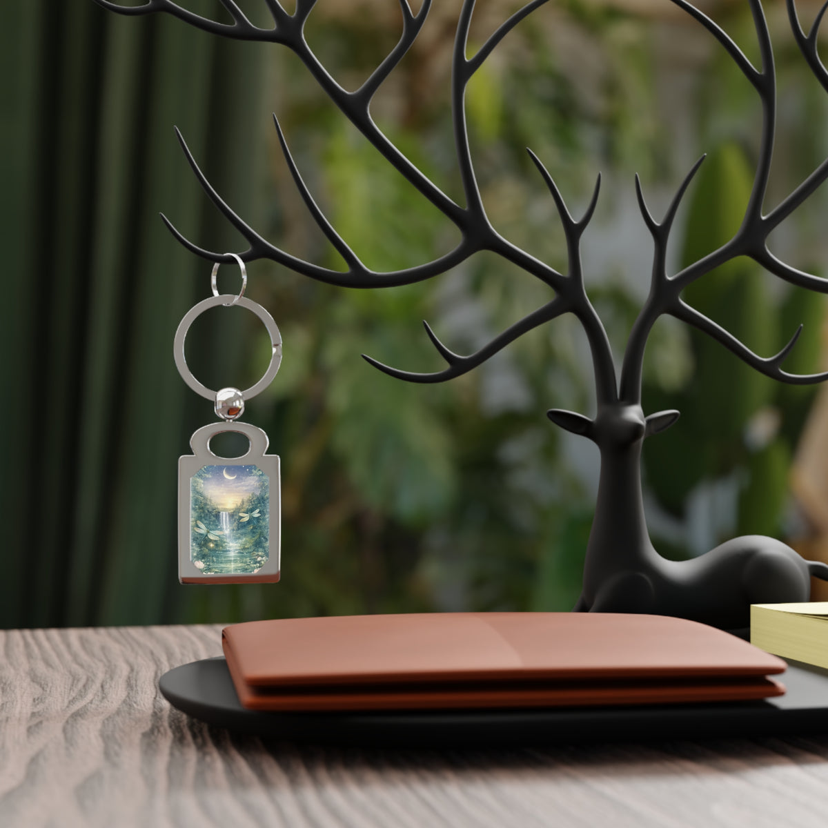 Moonlit Waterfall Rectangle Keyring