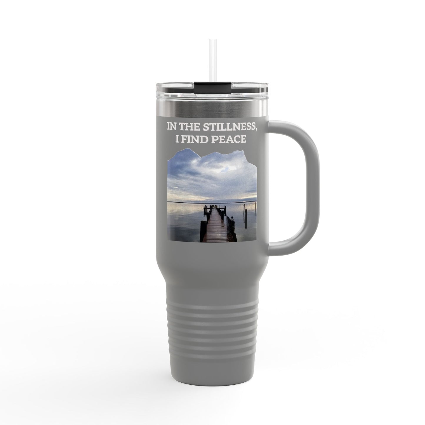 40oz Insulated Travel Mug — “In the Stillness I Find Peace” Scenic Dock Design