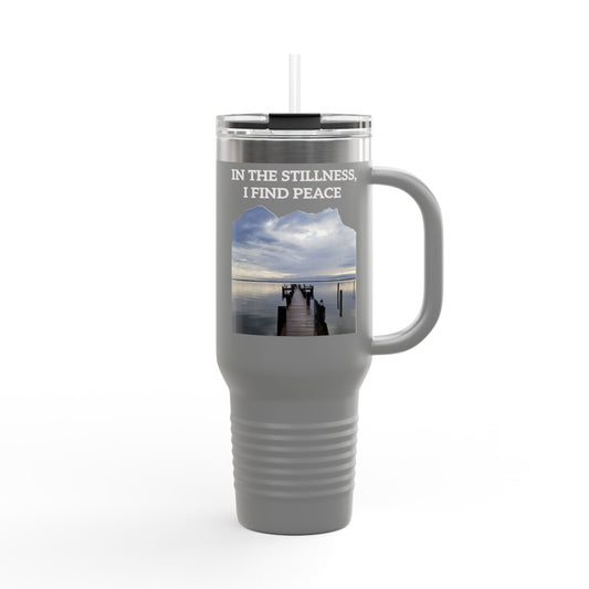 40oz Insulated Travel Mug — “In the Stillness I Find Peace” Scenic Dock Design