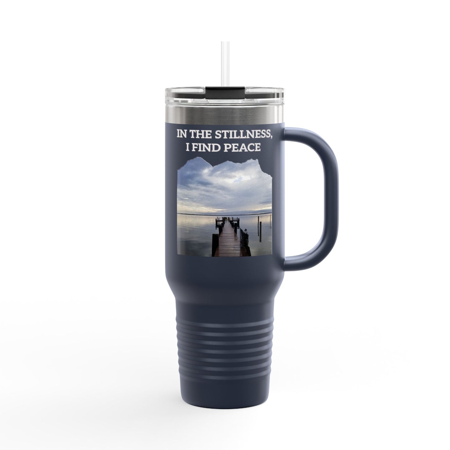 40oz Insulated Travel Mug — “In the Stillness I Find Peace” Scenic Dock Design