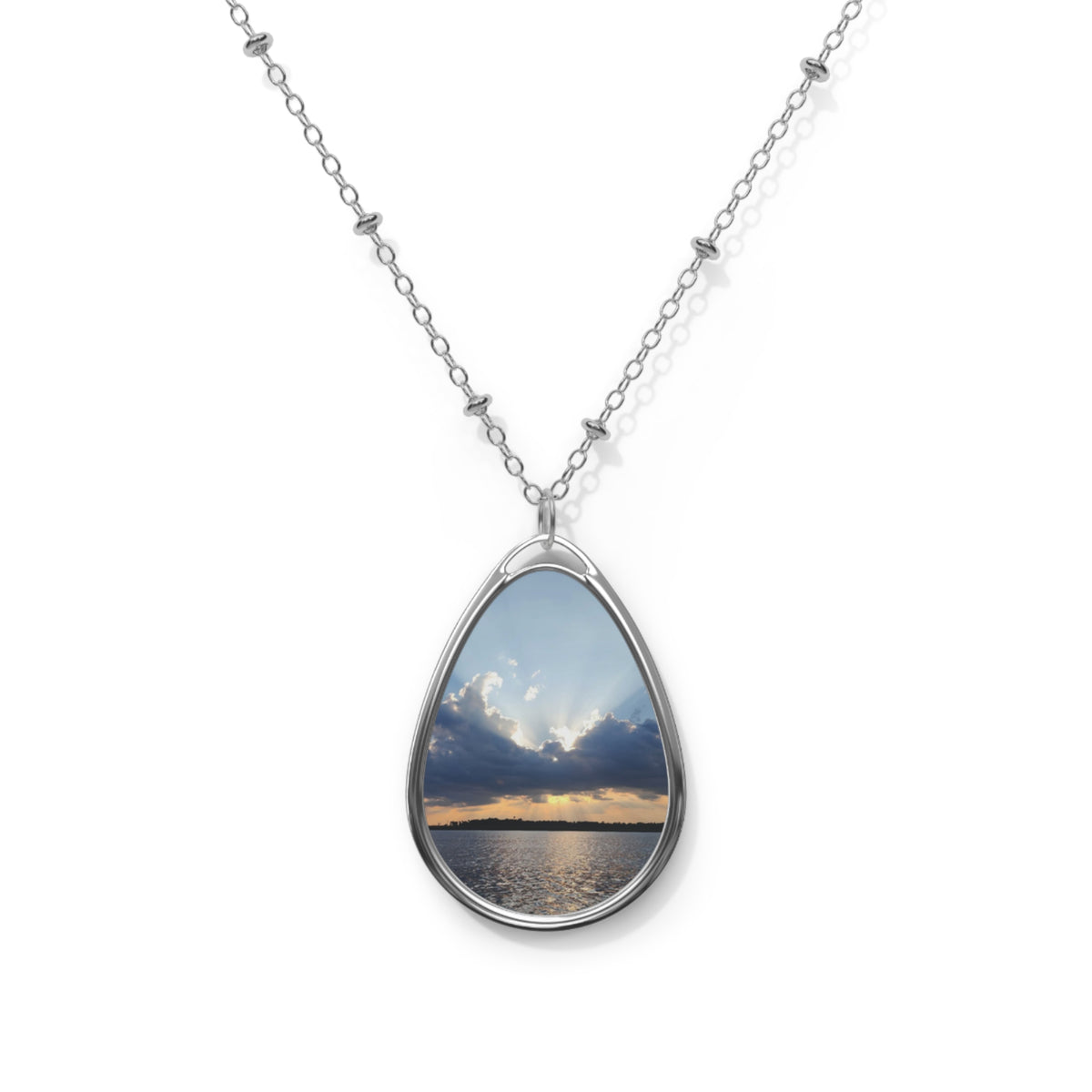 Lake Sunset Oval Photo Necklace — Personalized Teardrop Pendant