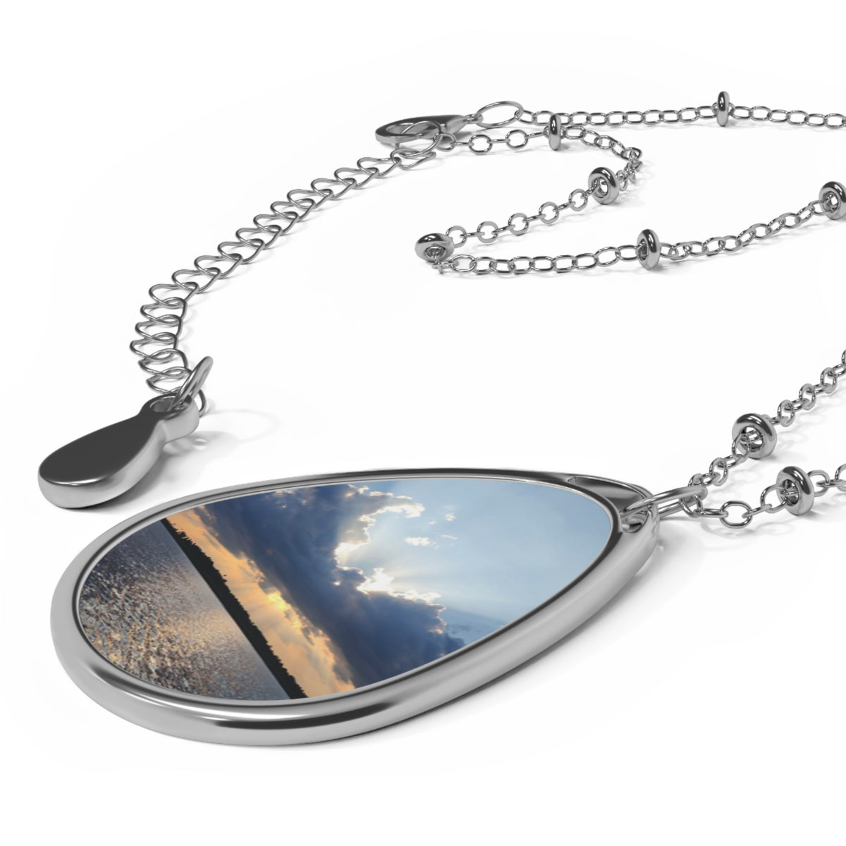 Lake Sunset Oval Photo Necklace — Personalized Teardrop Pendant