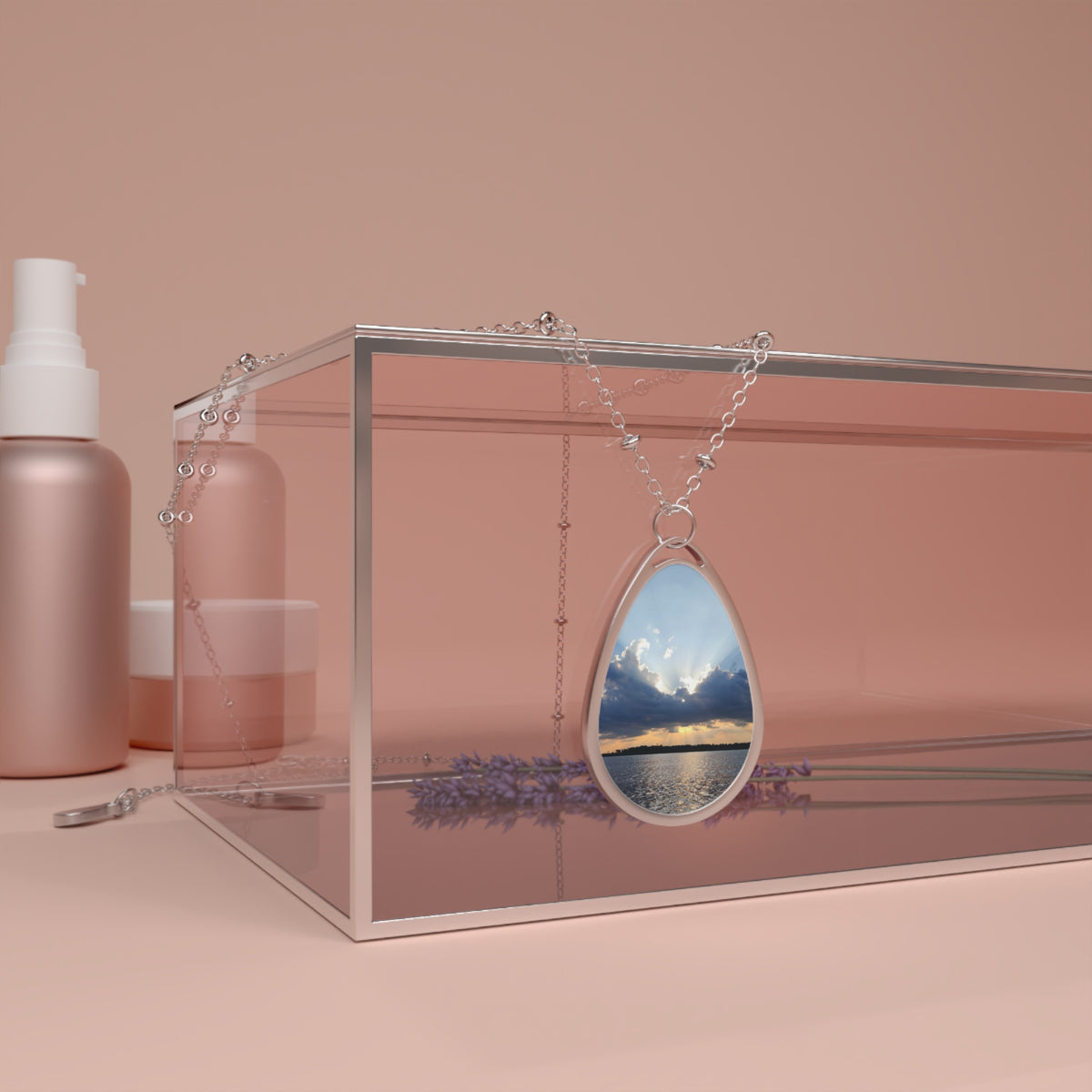 Lake Sunset Oval Photo Necklace — Personalized Teardrop Pendant