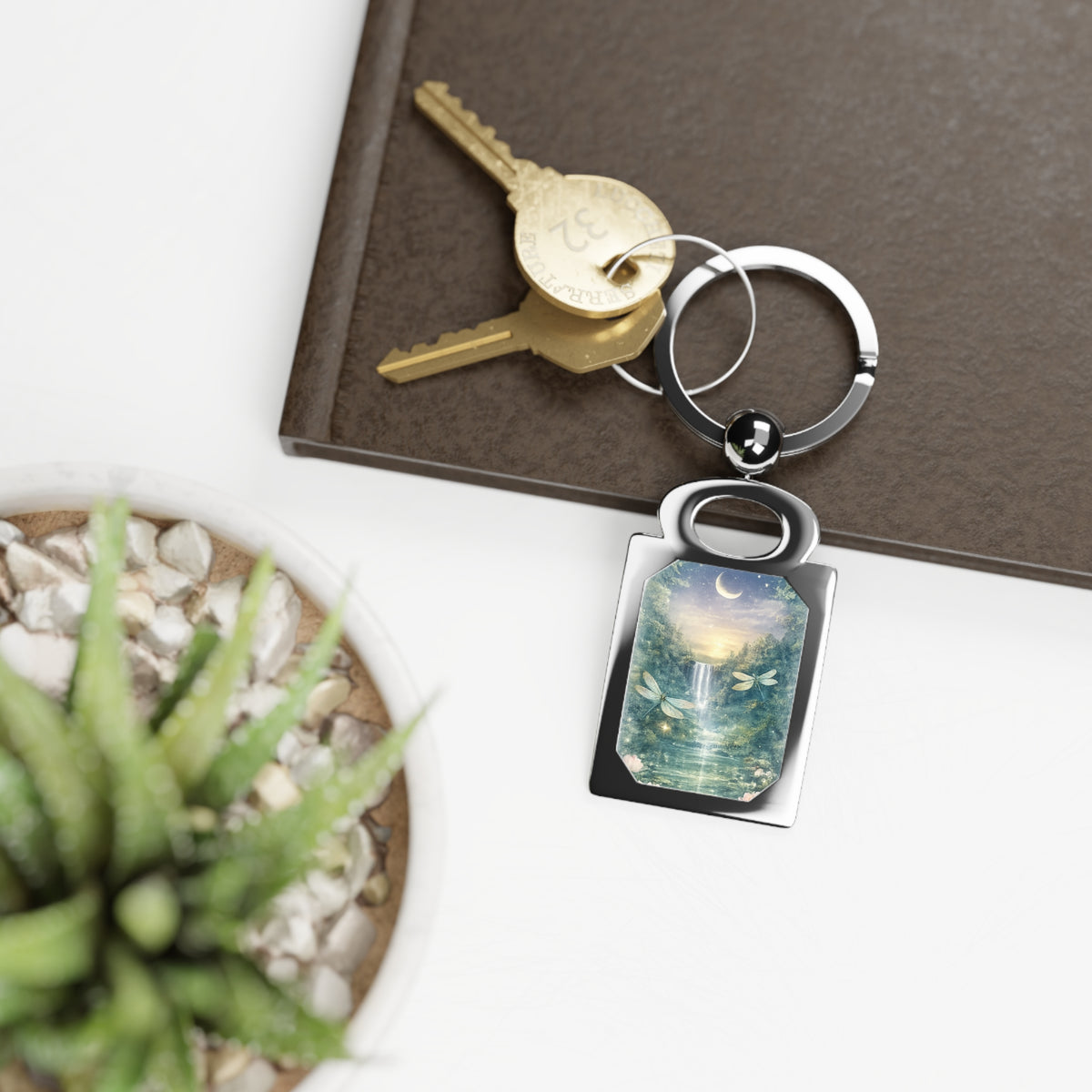 Moonlit Waterfall Rectangle Keyring