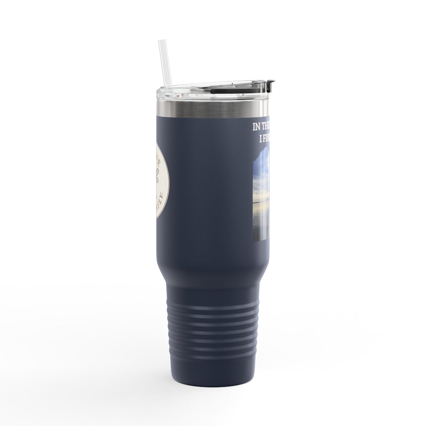 40oz Insulated Travel Mug — “In the Stillness I Find Peace” Scenic Dock Design