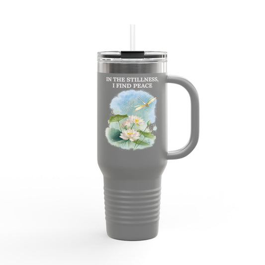 40oz Insulated Travel Mug — “In the Stillness I Find Peace” Scenic Dock Design